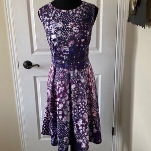 Fit & Flare Purple Abstract Print Dress, Size M